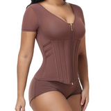 V Neck Front Zipper Short Sleeve Segmented Bone Waist Trainer Compression Shaping Top