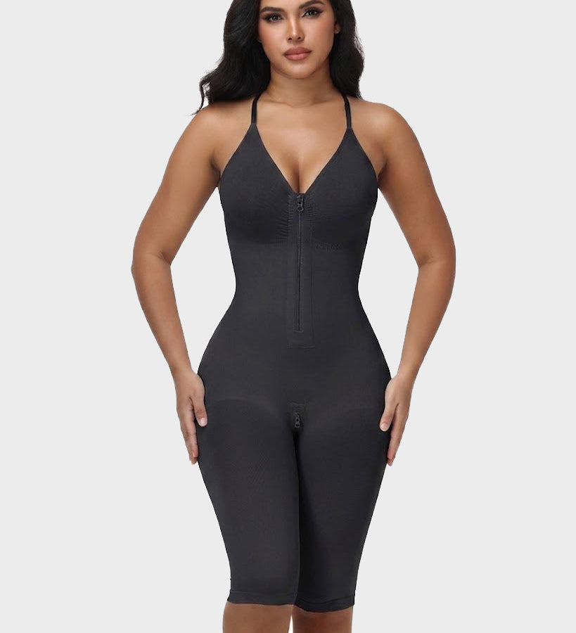 V Neck Front Zip Crisscross Back Knee Length Tummy Contro Bodysuit Butt Lifting Shaper
