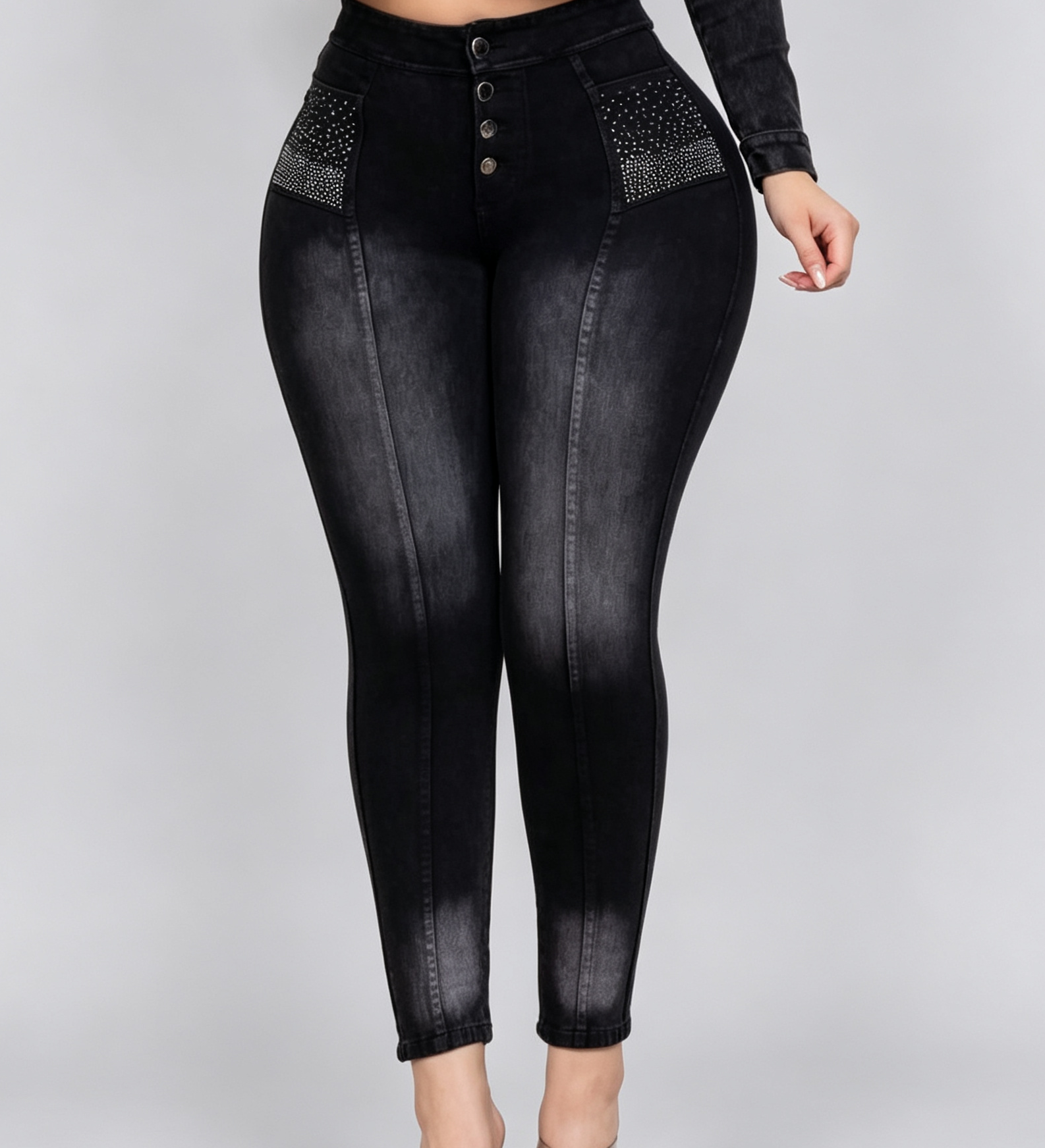 High Waist Rhinestone Pocket Butt Lifting Seam Detail Skinny Jeans