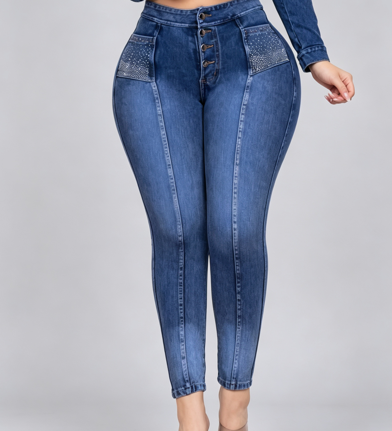 High Waist Rhinestone Pocket Butt Lifting Seam Detail Skinny Jeans