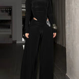 Two-Piece Set Turtleneck Side Cutout Rhinestone Wide Leg Pants