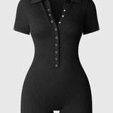 Ribbed Polo Collar Half Snap Front Short Sleeve Bodycon Romper