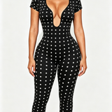Short Sleeve Plunge Neck Bodycon Capri Jumpsuit with Back Zipper