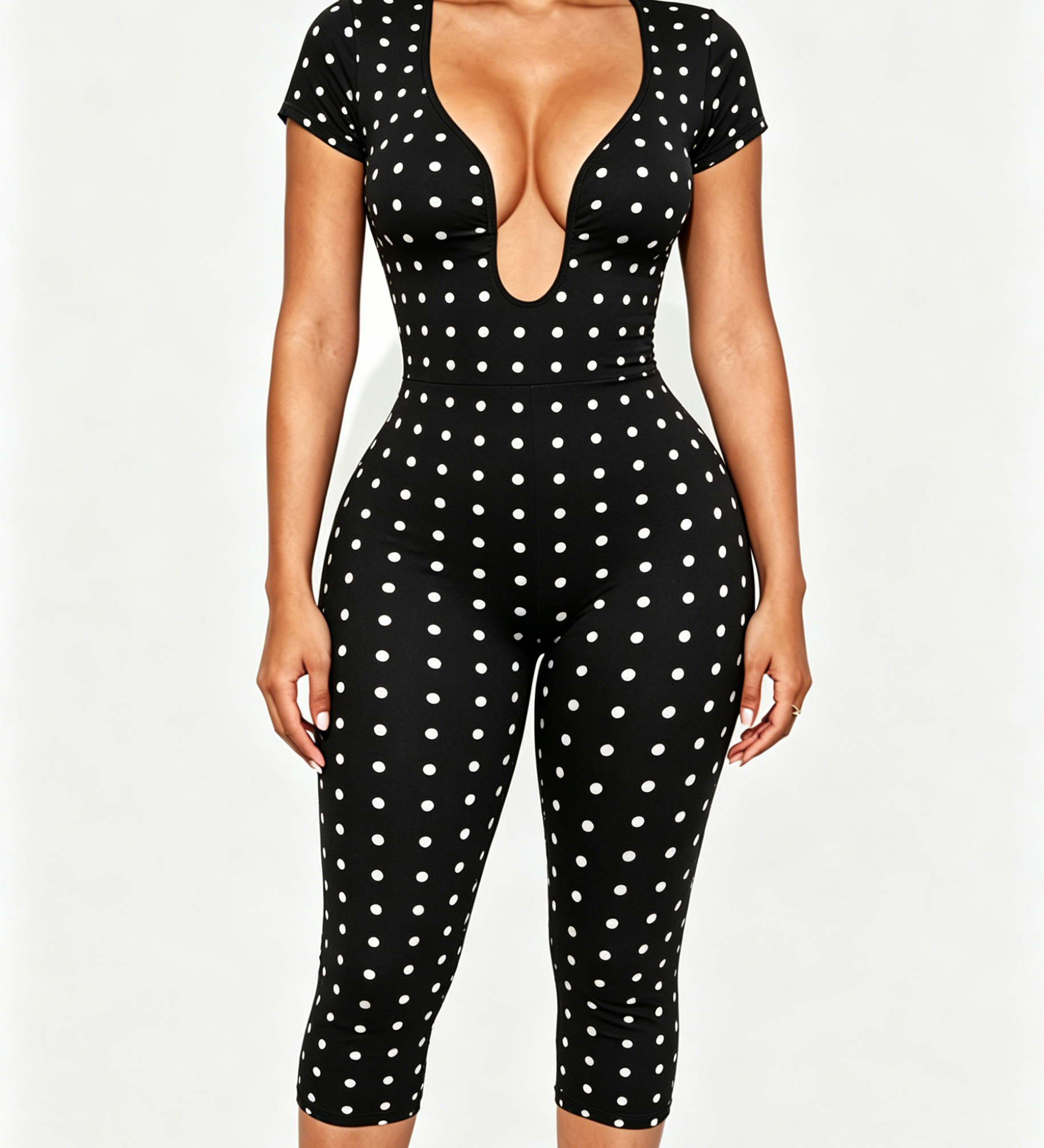 Short Sleeve Plunge Neck Bodycon Capri Jumpsuit with Back Zipper