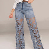 High Waist Floral Lace Hollow Out Spliced Flare Jeans