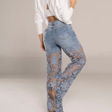 High Waist Floral Lace Hollow Out Spliced Flare Jeans
