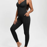 High Compression Zip Front Deep V Adjustable Strap Shapewear Jumpsuit