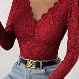 Floral Lace Sheer Long Sleeve Bodysuit V Neck Slim Fit Thong Body Shaper