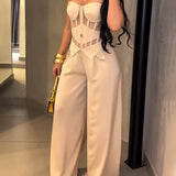 Strapless Mesh Cutout Corset Wide-Leg Jumpsuit