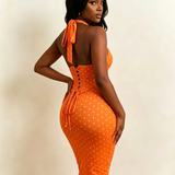 Polka Dot Corset Halter Midi Dress with Lace-Up Back