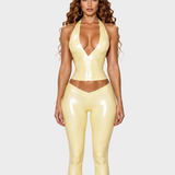 Metallic Shine Halter Deep V Top V Waist Capri Leggings Two Piece Set