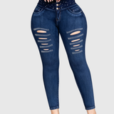 High Waist Double Button Rhinestone Ripped Butt Lifting Skinny Jeans