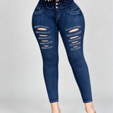 High Waist Double Button Rhinestone Ripped Butt Lifting Skinny Jeans