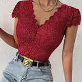 Sexy Deep V Neck Lace Short Sleeve Bodysuit One Piece Slim Fit Body Shaper