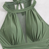 Large Size Halter Neck Mesh Panel Tummy Control Swimsuit with Side Bow