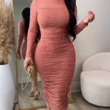Elegant Mesh Paneled Ruched Bodycon Midi Dress with Mock Neck
