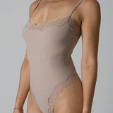 Spaghetti Strap Triangle Shapewear Bodysuit with Lace Trim