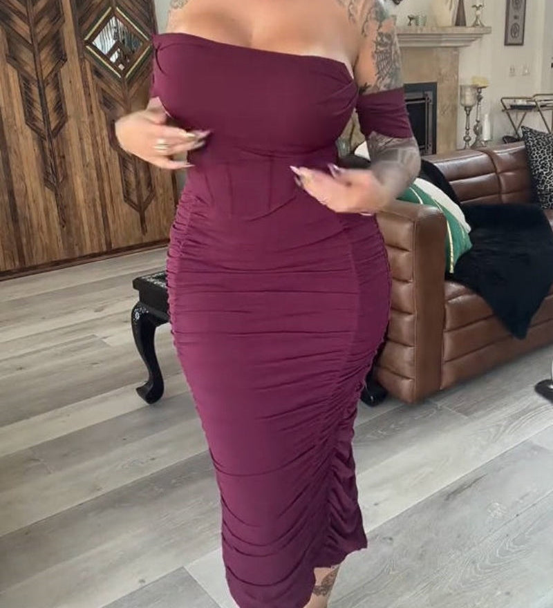 Off Shoulder Ruched Tummy Tuck Bodycon Midi Dress with Fishbone