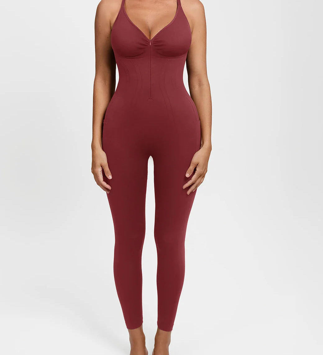 High Compression Zip Front Deep V Adjustable Strap Shapewear Jumpsuit