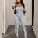 Grey White Stripe Halter Ruched Bust Backless Skinny Full Length Jumpsuit