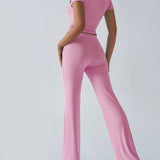 Essential Two-Piece Active Set ropped Short Sleeve Top Drawstring Flare Pants