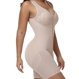 V Neck Lace Mesh Panel  Mid Thigh Tummy Control Bodysuit Zipper Shapewear