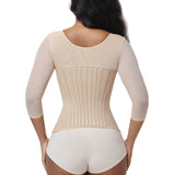 V Neck 3/4 Mesh Sleeve Zipper Waist Trainer High Compression Shaping Top
