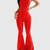 Front Zipper  Cutout Back Sleeveless Flare Leg Slim-fit Jumpsuit