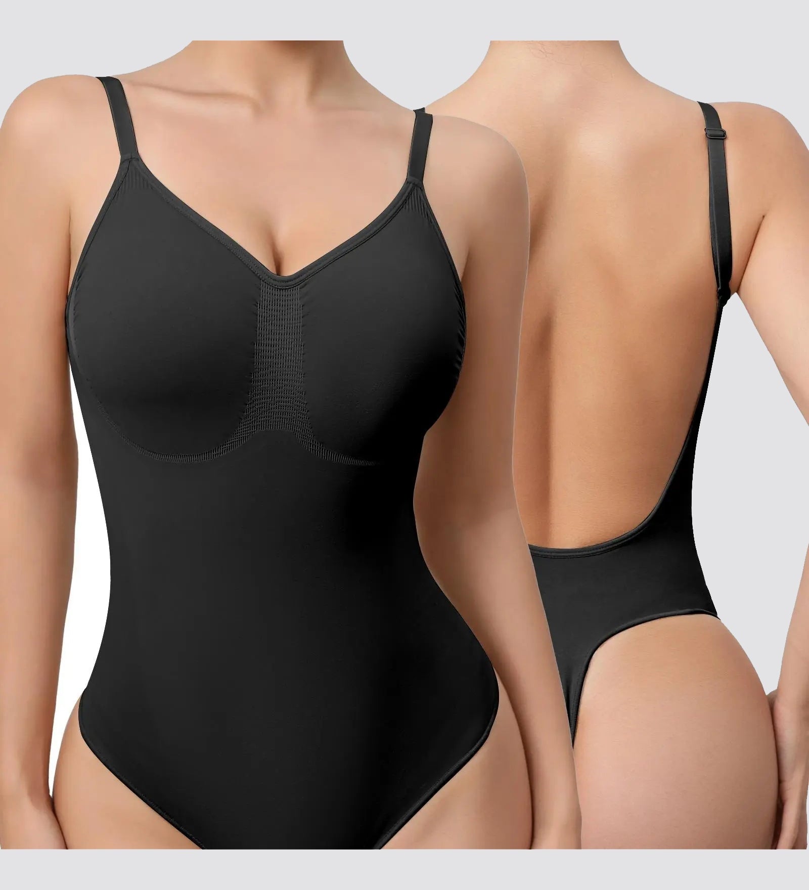 Seamless Deep Open Back  Adjustable Strap Tummy Control Thong Shapewear Bodysuit