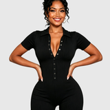 Ribbed Polo Collar Half Snap Front Short Sleeve Bodycon Romper