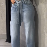 Stylish Mid Waist Diamond Studded Wide Leg Jeans with Belt