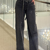 Fashionable Washed Mid Waist Diamond Studded Straight Leg Jeans
