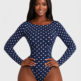 Polka Dot Scoop Neck Long Sleeve Bodysuit Detachable Corset Two Piece Set