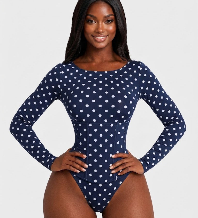 Polka Dot Scoop Neck Long Sleeve Bodysuit Detachable Corset Two Piece Set
