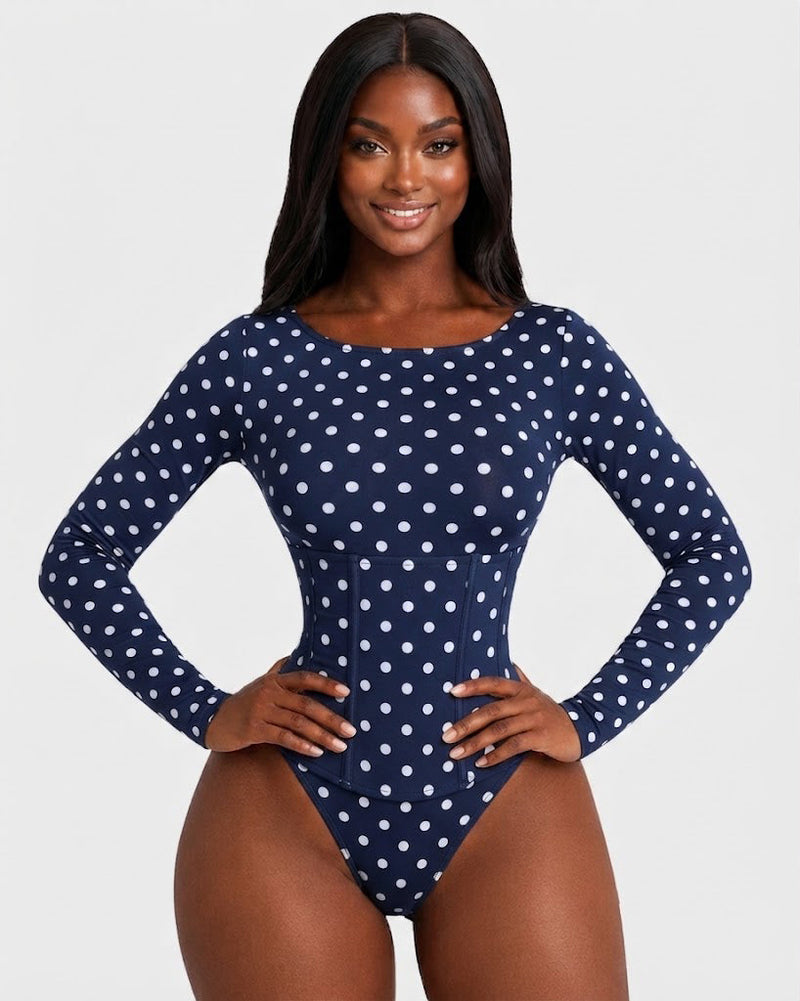 Polka Dot Scoop Neck Long Sleeve Bodysuit Detachable Corset Two Piece Set