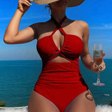 Cross Halter Ruched Front Cutout Backless One Piece Swimsuit