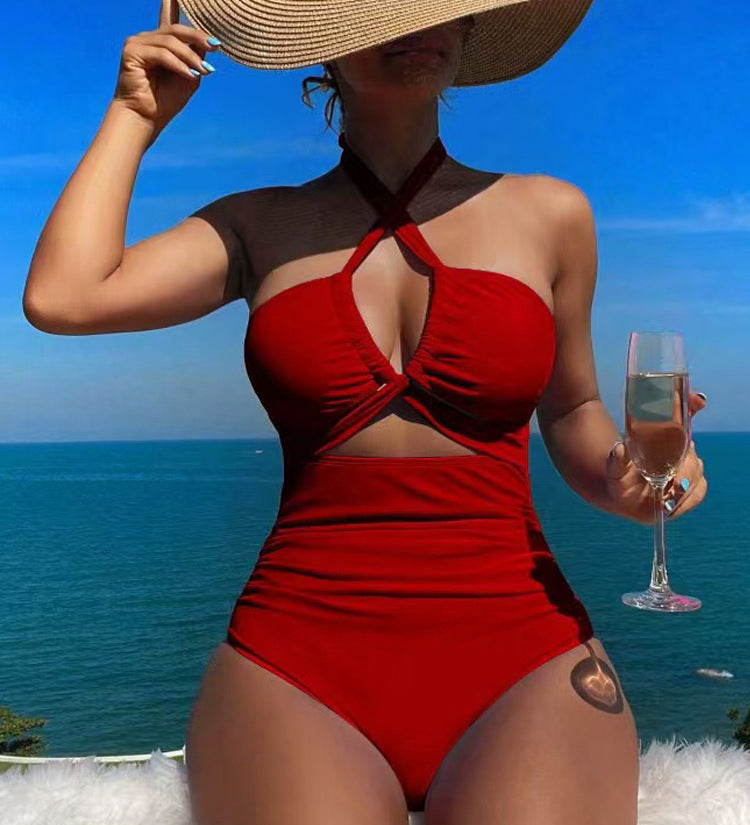 Cross Halter Ruched Front Cutout Backless One Piece Swimsuit