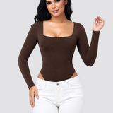 Square Neck Long Sleeve Backless Thong Slim Fit Bodysuit