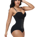 V Neck Double Thin Strap Leather Lace Up Tummy Control Bodysuit