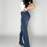 High Waist Slit Fringe Butt Lifting Flare Jeans