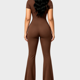 Front Zipper Short Sleeve Ribbed Slim Butt Lifting Flare Leg Jumpsuit