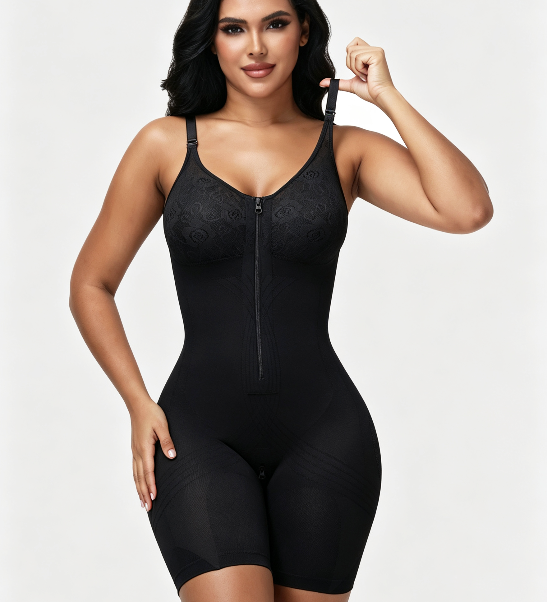High Compression Adjustable Strap Mid Thigh Front Zipper Lace Full BodyShapewear