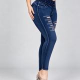 High Waist Double Button Rhinestone Ripped Butt Lifting Skinny Jeans