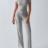 Essential Two-Piece Active Set ropped Short Sleeve Top Drawstring Flare Pants