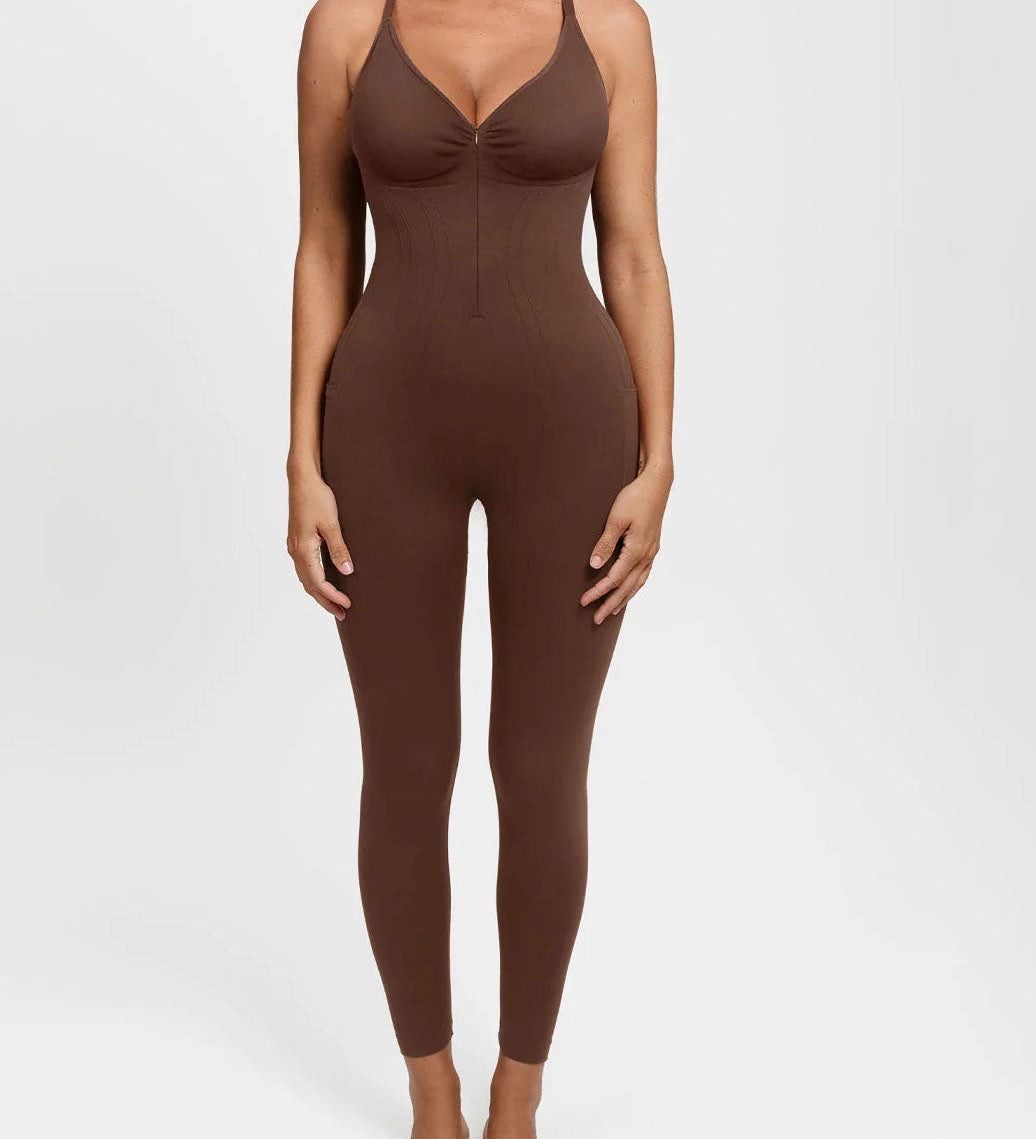 High Compression Zip Front Deep V Adjustable Strap Shapewear Jumpsuit