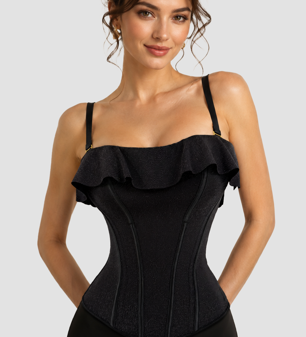 Black Shimmer Ruffle Trim Corset Top with Adjustable Straps