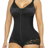 Lace-trimmed Tummy Control Zipper Shapewear Bodysuit