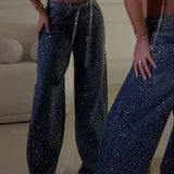 Fashionable Washed Mid Waist Diamond Studded Straight Leg Jeans