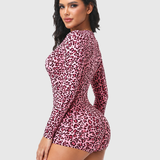Leopard Print V Neck Front Button Long Sleeve Short Bodysuit