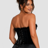 Black Velvet Feather Trim Strapless Corset Top with Lace Up Back